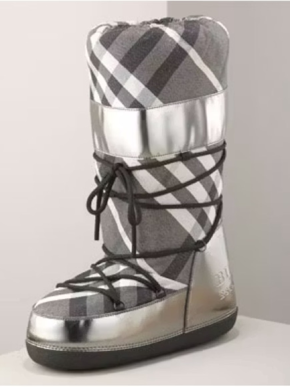 Burberry Silver and Gray Plaid Winter Lace-Up Boot